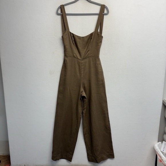 Reformation Autumn Linen Jumpsuit Taupe Tan Wide Leg Open Back 0 - Picture 2 of 8